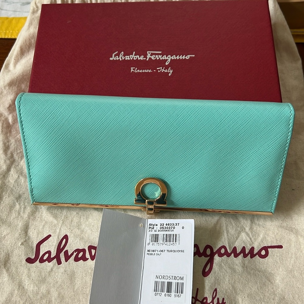 Ferragamo pebble calf wallet in turquoise NWT